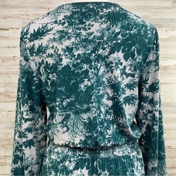 Jason Wu Stretch Long Sleeve Dress Womens Size M Teal Green Print Smocked Waist - Picture 9 of 13